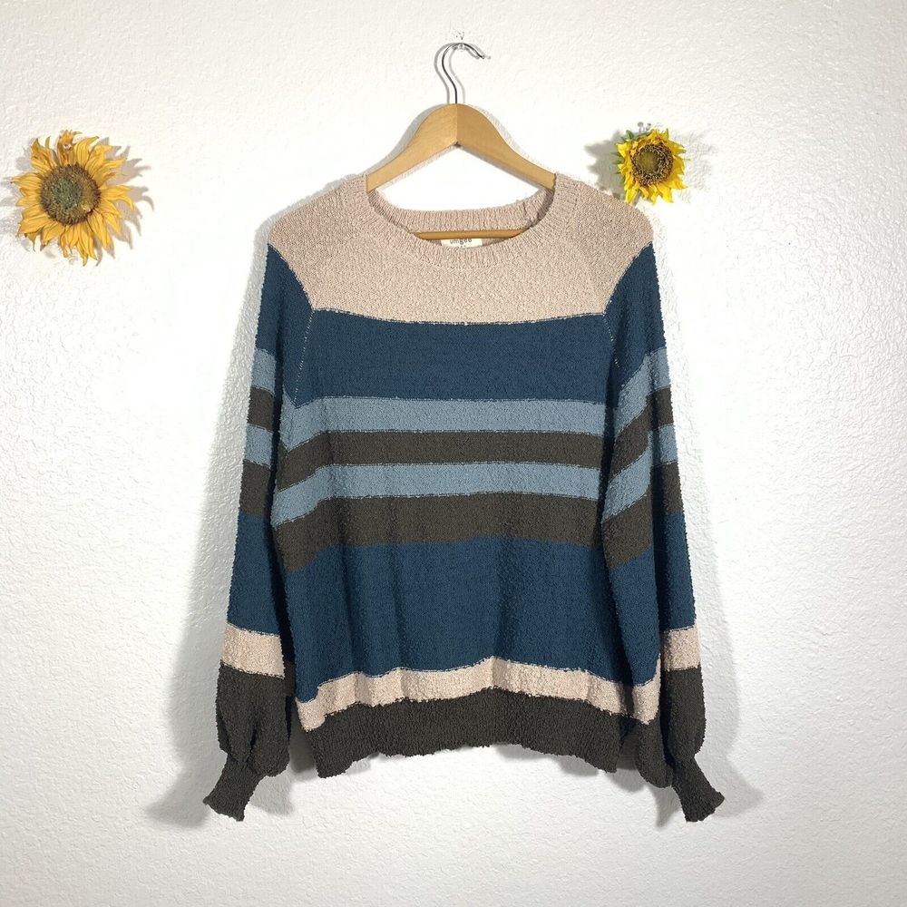 Umgee Sweater Long Sleeve Oversized Stretchy Blue Beige Greene Size Large